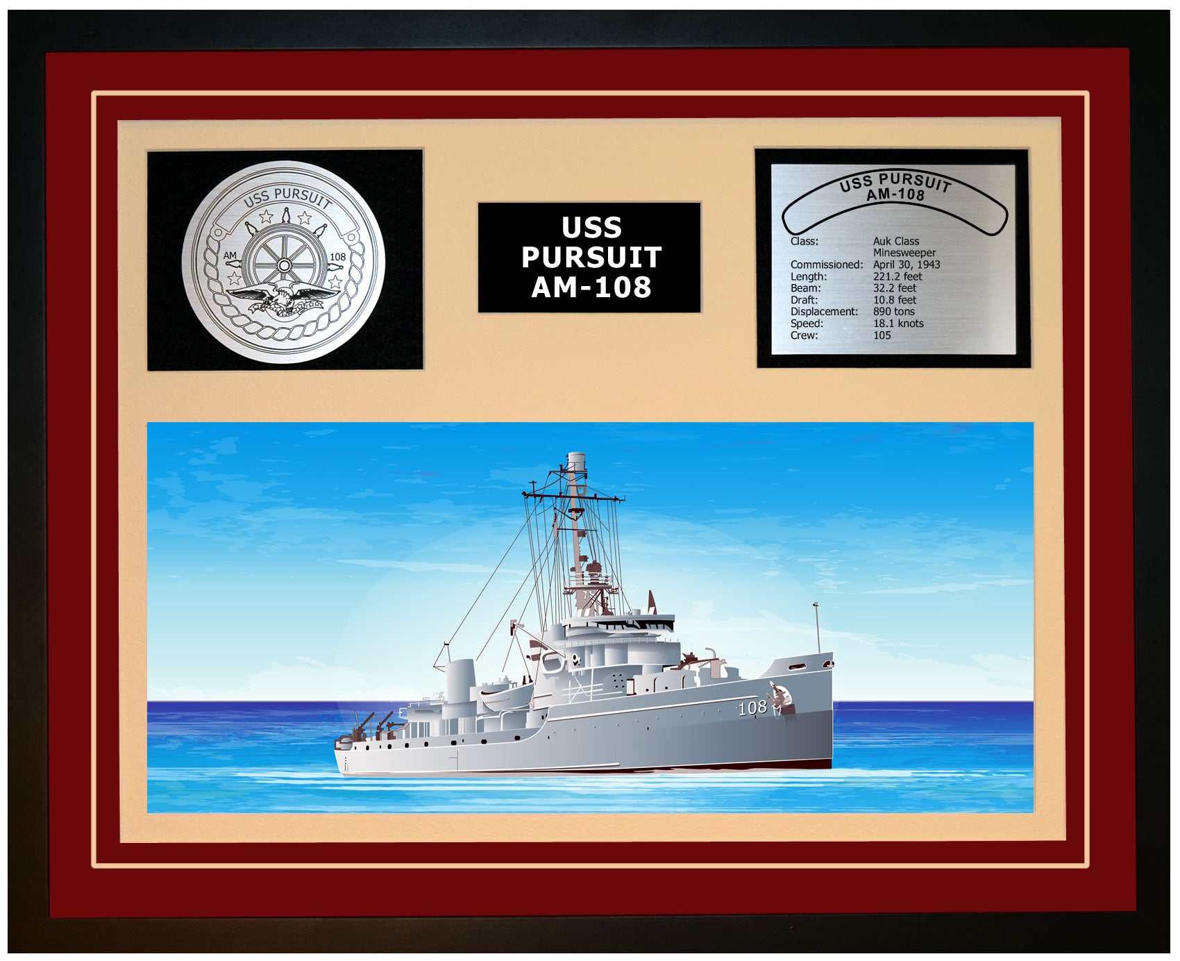 USS Pursuit AM-108 Framed Navy Ship Display