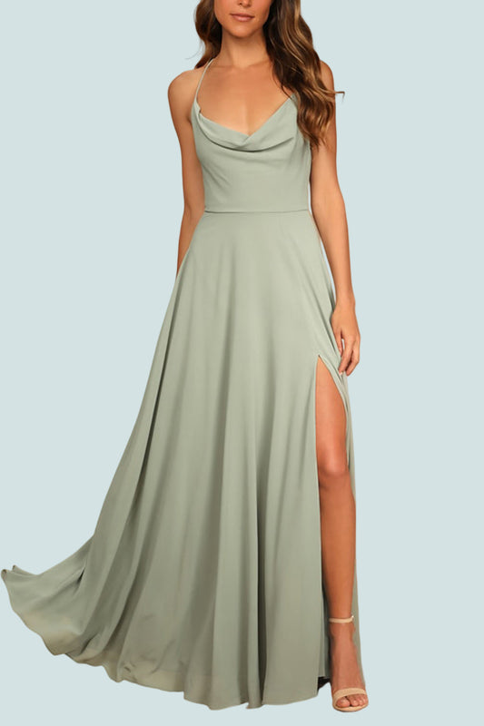 Cowl neck wide straps high leg slit stretch satin maxi dress $129