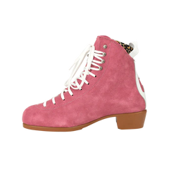 Moxi Roller Skates Jack 1 boots in Strawberry Pink with tan sole, white backstay and laces, leopard print lining.