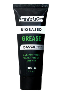 A 100g tube of Stan's NoTubes Biobased Grease, an all-purpose bike grease with green and white labeling.