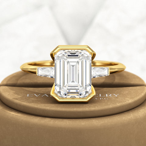 2 Carat Emerald Cut Half Bezel Set Lab Grown Diamond 3 Stone Engagement Ring