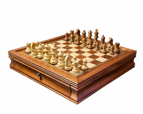 15" Mahogany Drawer Chess Set with Classic Acacia Chess Pieces