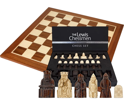 Isle of Lewis Large Chess Pieces, 19" Mahogany Board