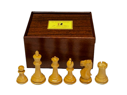 Old English Boxwood and Black Chess Pieces & Slide Box