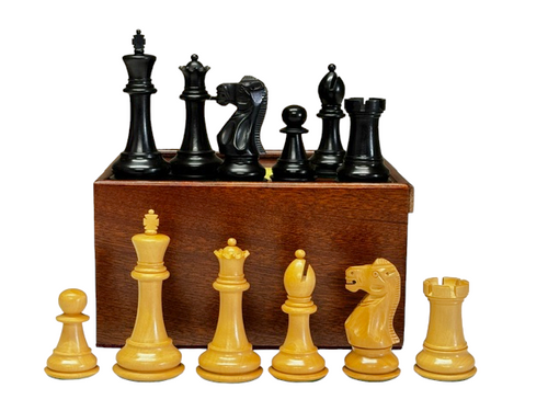 Old English Boxwood and Black Chess Pieces & Slide Box