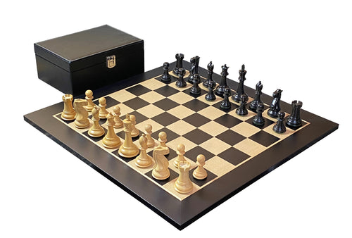 Old English Black Pieces, 20" Standard Anegre Chessboard & Vinyl Box