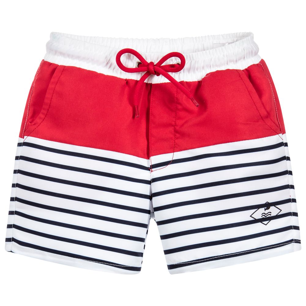 blue and white striped swim shorts