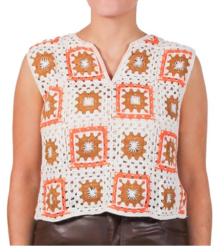 GRANNY SQUARE CROCHET PULL-OVER VEST in NATURAL, RUST and BROWN - Yee Haw Ranch Outfitters