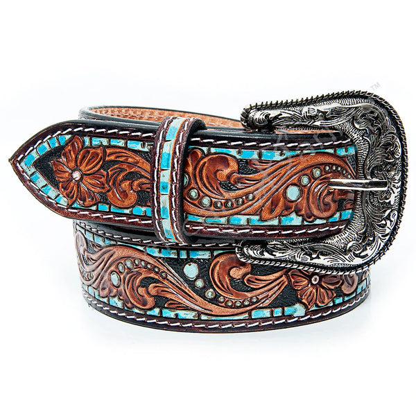 American Darling Tooled Leather Belt - Turquoise – Yee Haw Ranch Outfitters