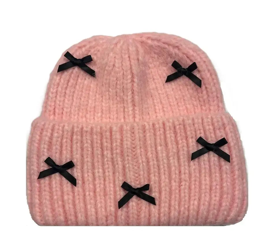 Ribbon Bow Beanie - Pink