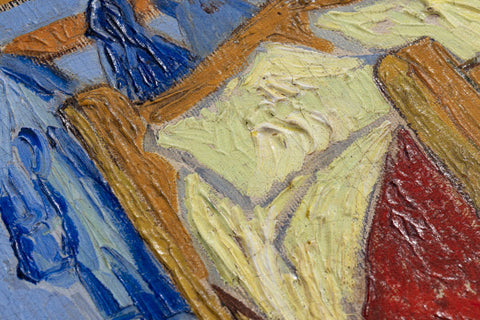 A close-up shot shows the textured surface of Lito Masters' reproduction of Vincent van Gogh's "Bedroom in Arles." LITO Masters