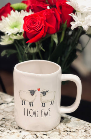 New Rae Dunn white ceramic Valentines Day coffee mug I ❤️ EWE - You're Never Quite Dunn 