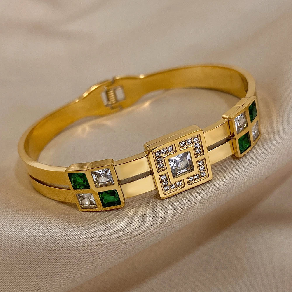 Bracelet de luxe en acier inoxydable vert émeraude imperméable avec zircone cubique | Bracelet à breloques italien