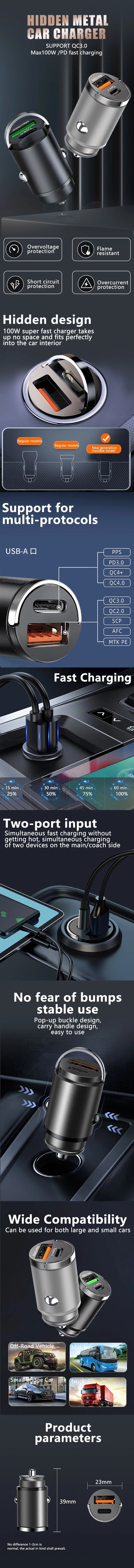 Mini chargeur rapide de voiture USB 100 W | Deux ports, type C : avec anneau de traction