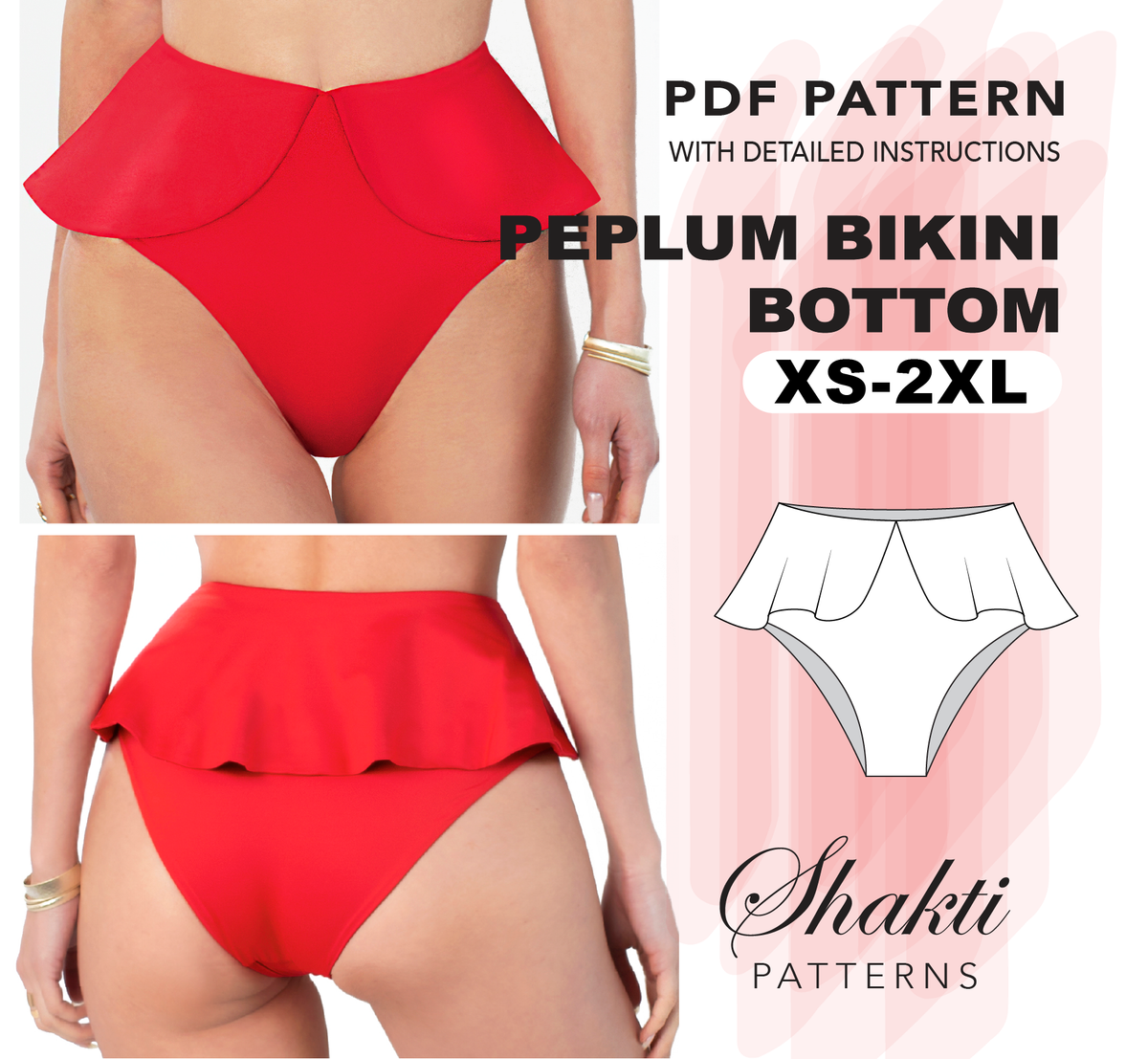 High Waisted Reversible Bikini Bottom Sewing Pattern, 8 Sizes XS