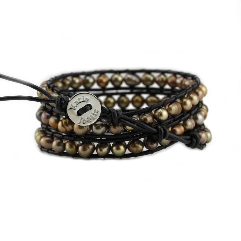 Bronze Freshwater Pearls on Black Leather Wrap Bracelet – Katie Joëlle