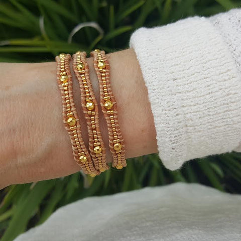 Gold Scalloped Miyuki Glass Seed Beads on Natural Leather Wrap Bracelet ...