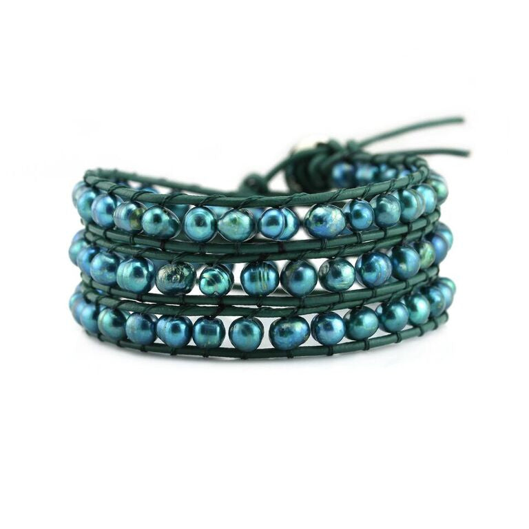 Teal Green Freshwater Pearls on Green Leather Wrap Bracelet – Katie Joëlle