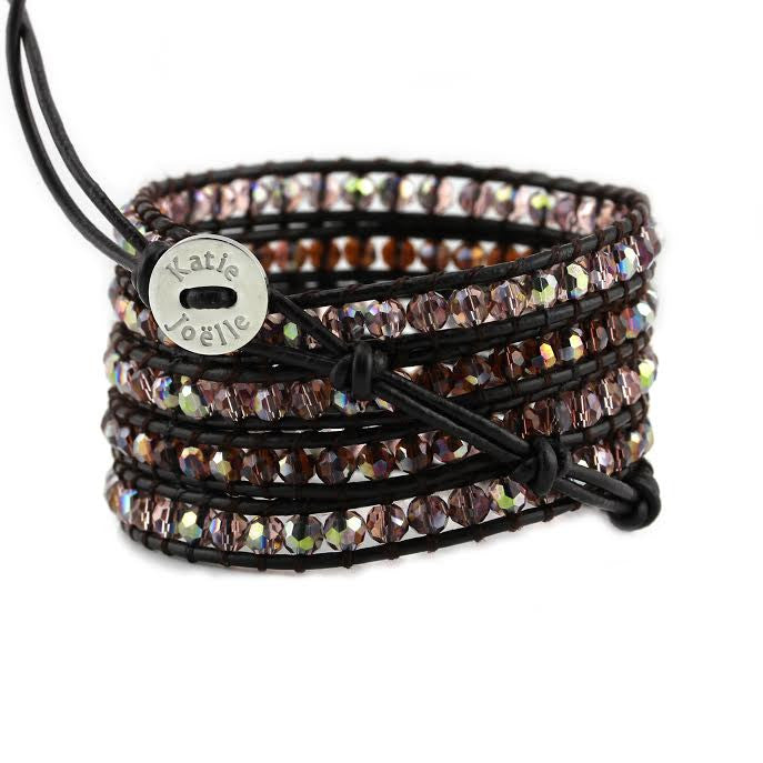 Mauve Mixed Crystals on Dark Brown Leather Wrap Bracelet – Katie Joëlle