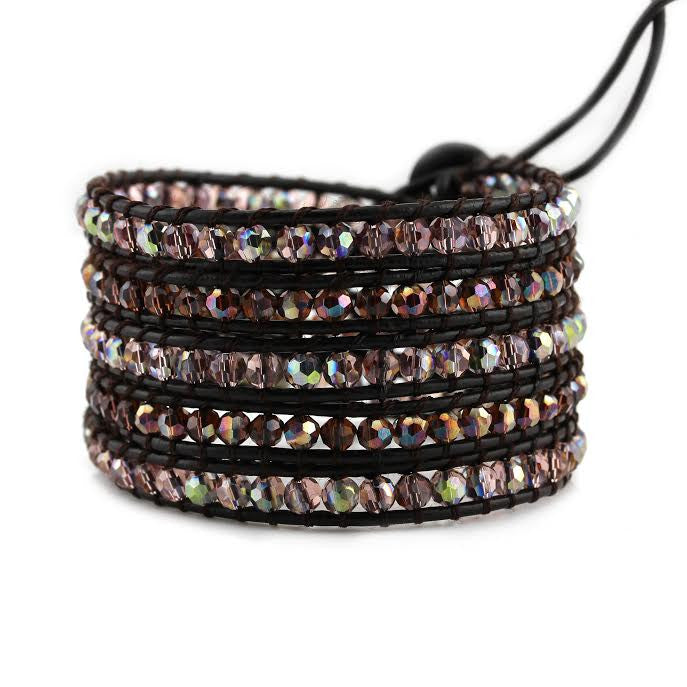 Mauve Mixed Crystals on Dark Brown Leather Wrap Bracelet – Katie Joëlle