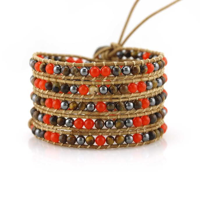 Red Coral, Tiger's Eye, and Hematite on Natural Leather Wrap Bracelet ...