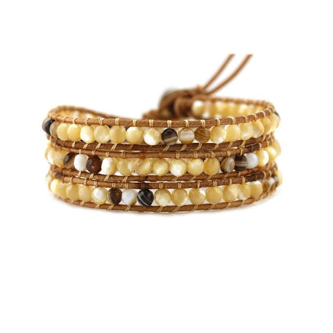 Shell and Brown Agate on Natural Leather Wrap Bracelet – Katie Joëlle