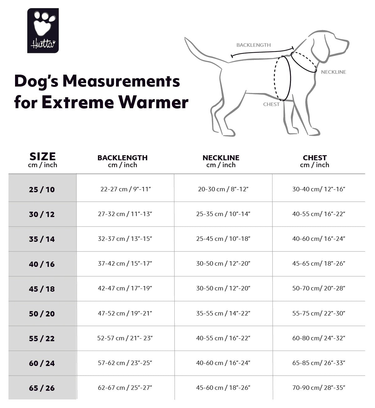 Größentabelle Hurtta Extreme Warmer