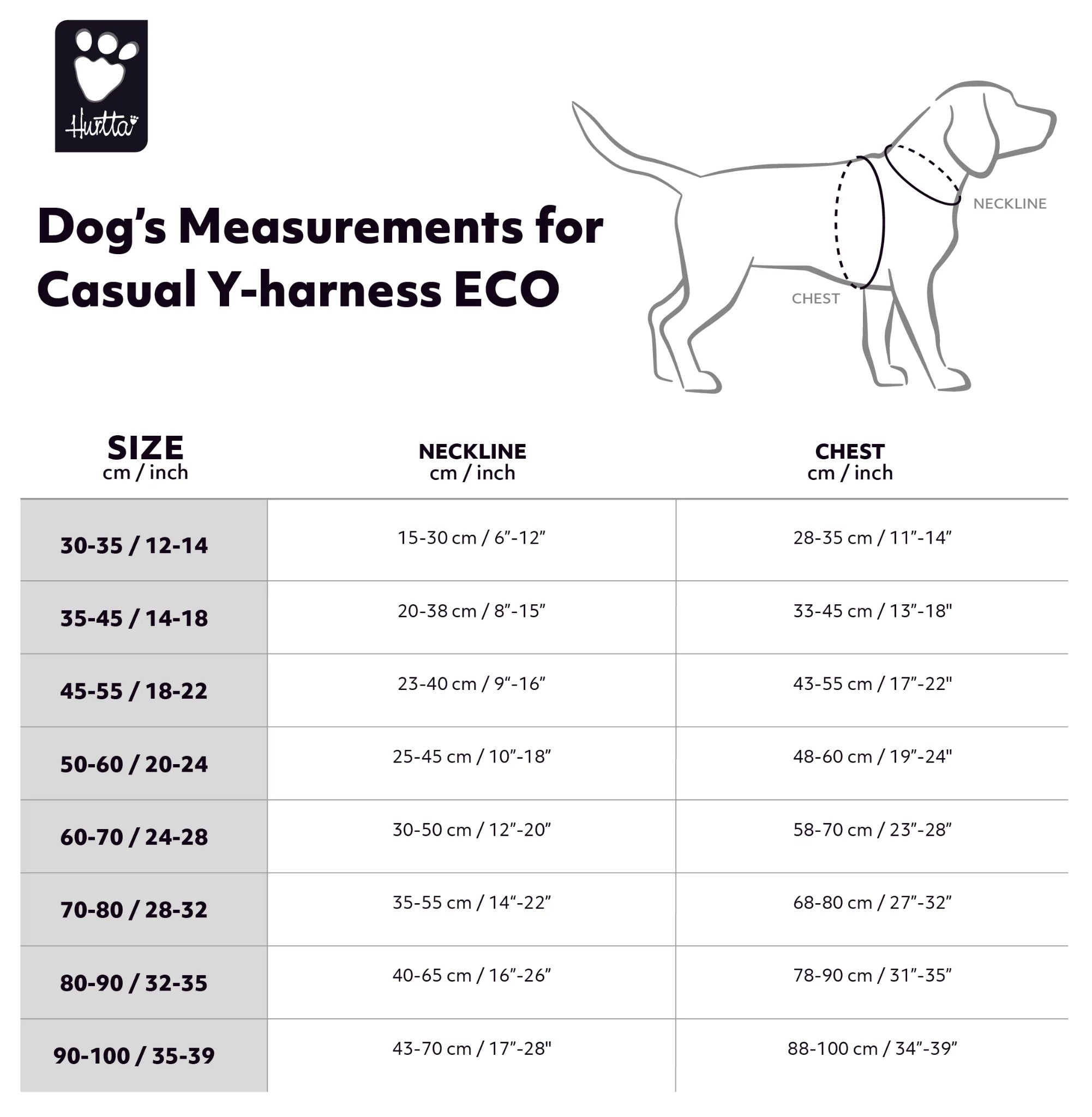 Größentabelle Hurtta Casual Y-Harness ECO