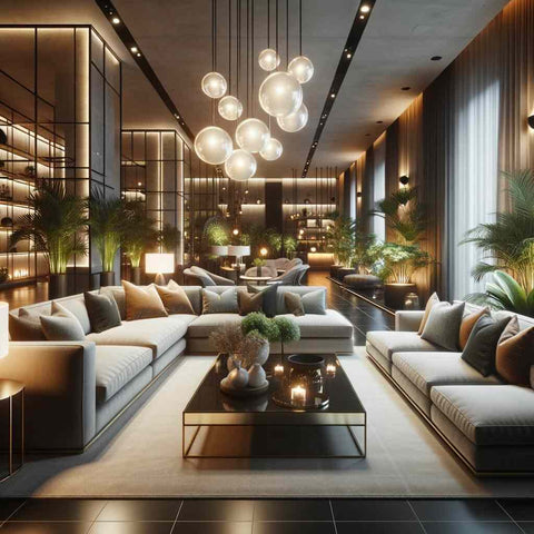 urban living room illuminated by pendant lights