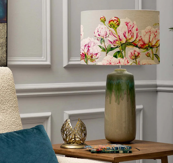 Neo Jade Table Lamp with Heligan Fuchsia Grey Floral Lampshade Shade