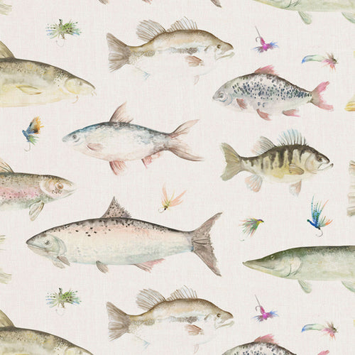 River Fish Large Natural Printed Linen Fabric (By The Metre