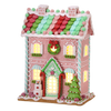 Picture of Viv! Christmas Kerstbeeld - Gingerbread Huis van Klei met Sneeuwpop en Snoepgoed incl. LED Verlichting - pastel roze - 36cm