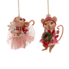 Picture of Viv! Christmas Kerstornament - Muis met Sneeuwvlok en Kerstkrans - set van 2 - roze wit bruin - 8cm