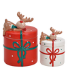 Picture of Viv! Christmas Kerstservies - Grote en Kleine Koektrommel met Slapend Rendier - set van 2 - keramiek - rood wit groen - 20 en 14cm