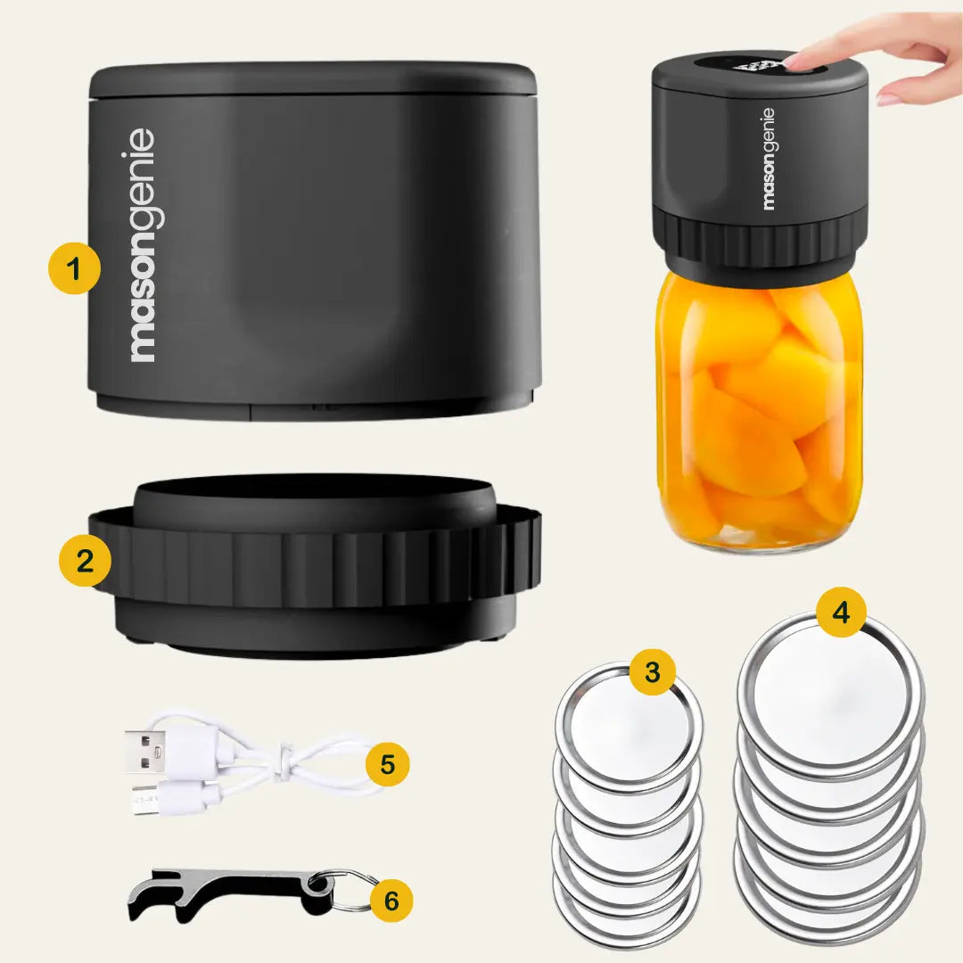 Electric jar opener with its components including a power lid, charging cable, and jar grips displayed separately.