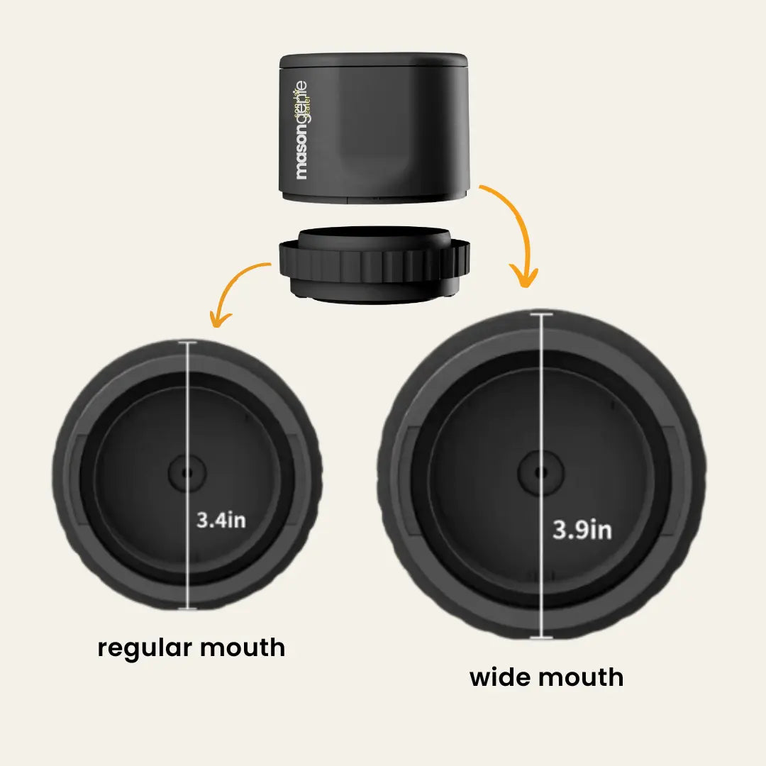 Comparison of black regular and wide mouth mason jar lid sizes with measurements.