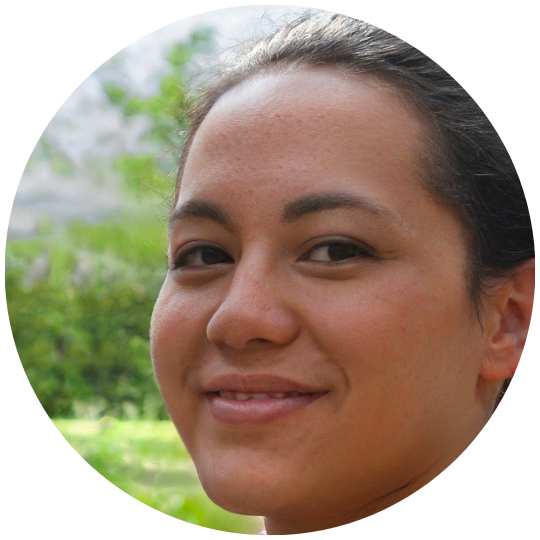 Smiling woman with a green natural background, close-up and circular crop.