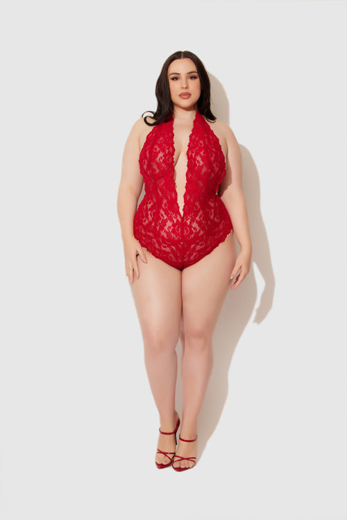 Plus Size Red Lace Bodysuit Teddy Lingerie With Garters - Leopard