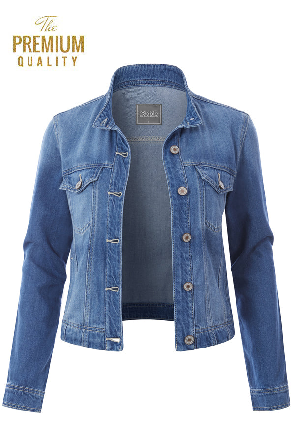 women's collarless denim jacket