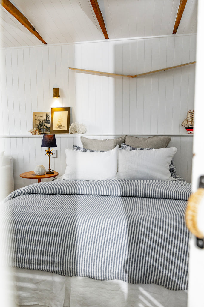 Indigo Stripe linen sheets and duvet by Salt Living