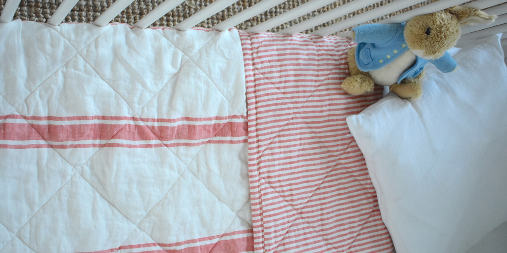 French Flax Linen Cot Quilt in Red Stripe