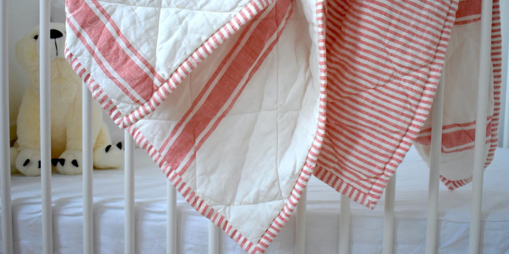 French Flax Linen Cot Quilt in Red Stripe