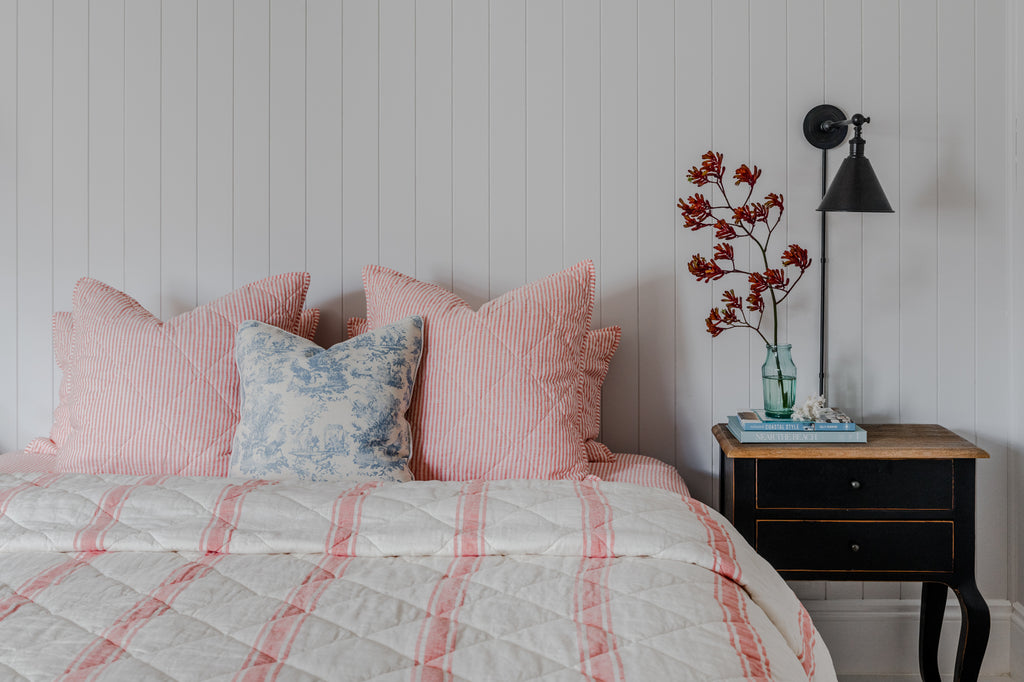 Linen Quilts and Pillow Shams in yarn Dyed Ticking Stripe in Red Coral