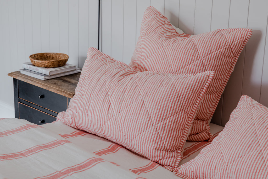 Linen Quilts and Pillow Shams in yarn Dyed Ticking Stripe in Red Coral