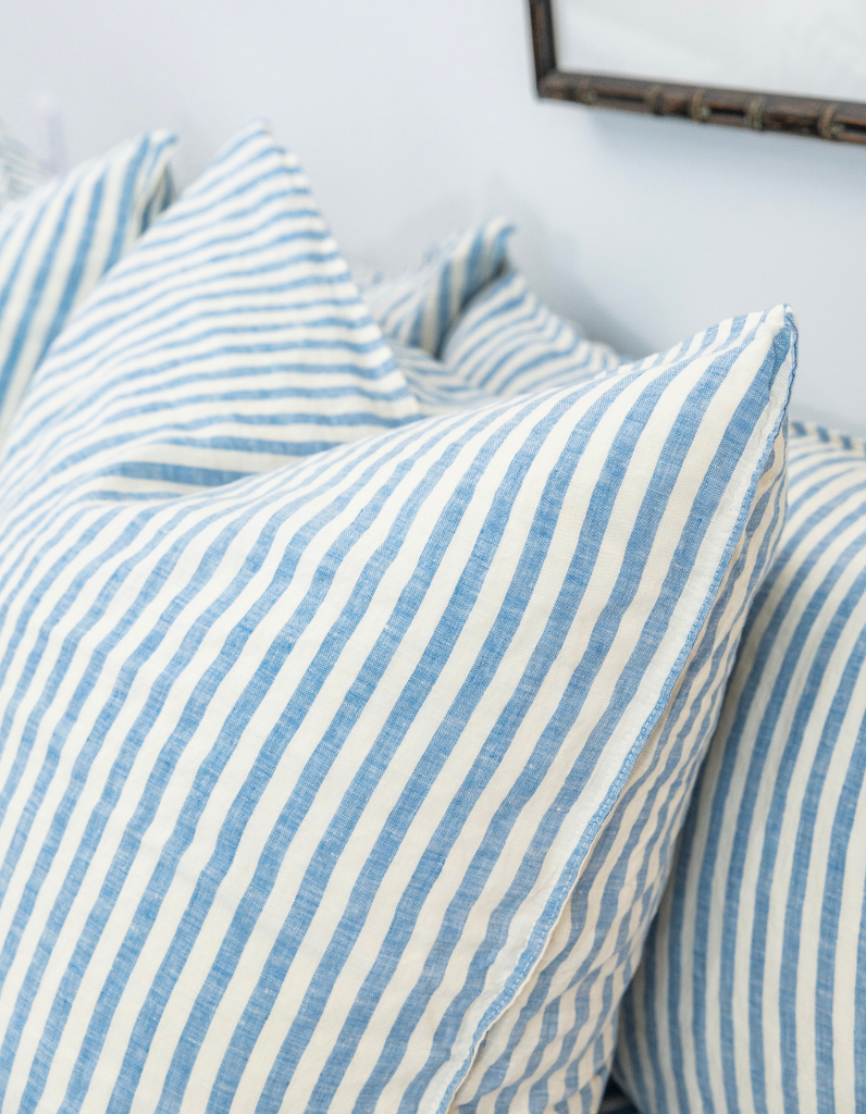 Washed Bed Linen Pillow Case Ticking Stripe Blue - LinenMe