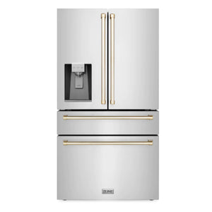 ZLINE 36 in. Autograph Edition French Door Refrigerator with Dispenser in Stainless Steel with Gold Accents (RFMZ-W-36-G) - Amethyst Appliances