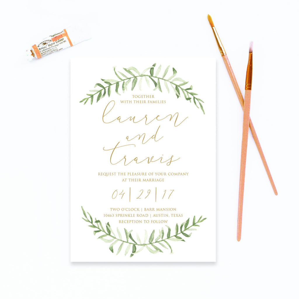 watercolor leaf wedding invitation - Peach Paper & Design