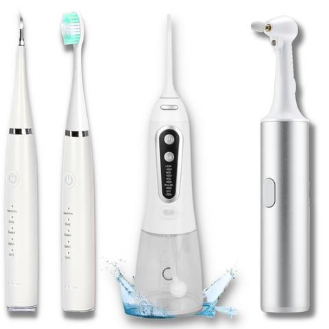 Range of required dental products - dental scaler, electric toothbrush, water flosser, and tooth polisher