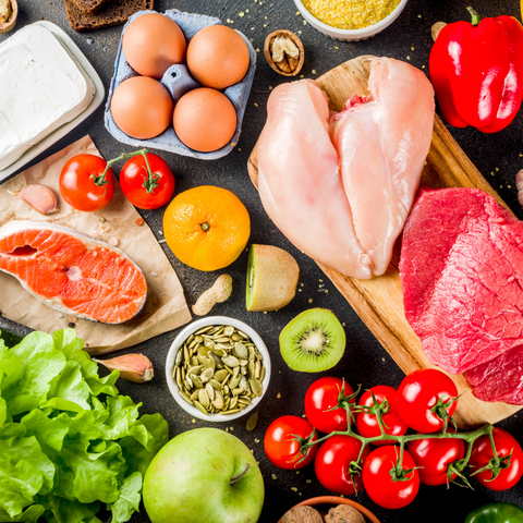 Foods for a healthy diet - fruits, vegetables, grains, lean meats