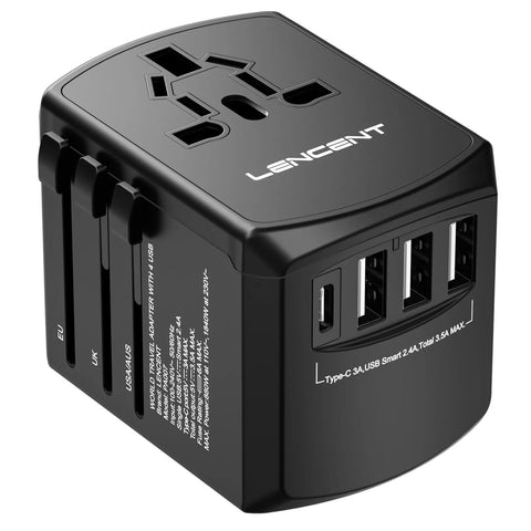 Lencent Universal AC Adapter With 1 USB-C And 3 USB Ports | Power Plug Converter (Black)